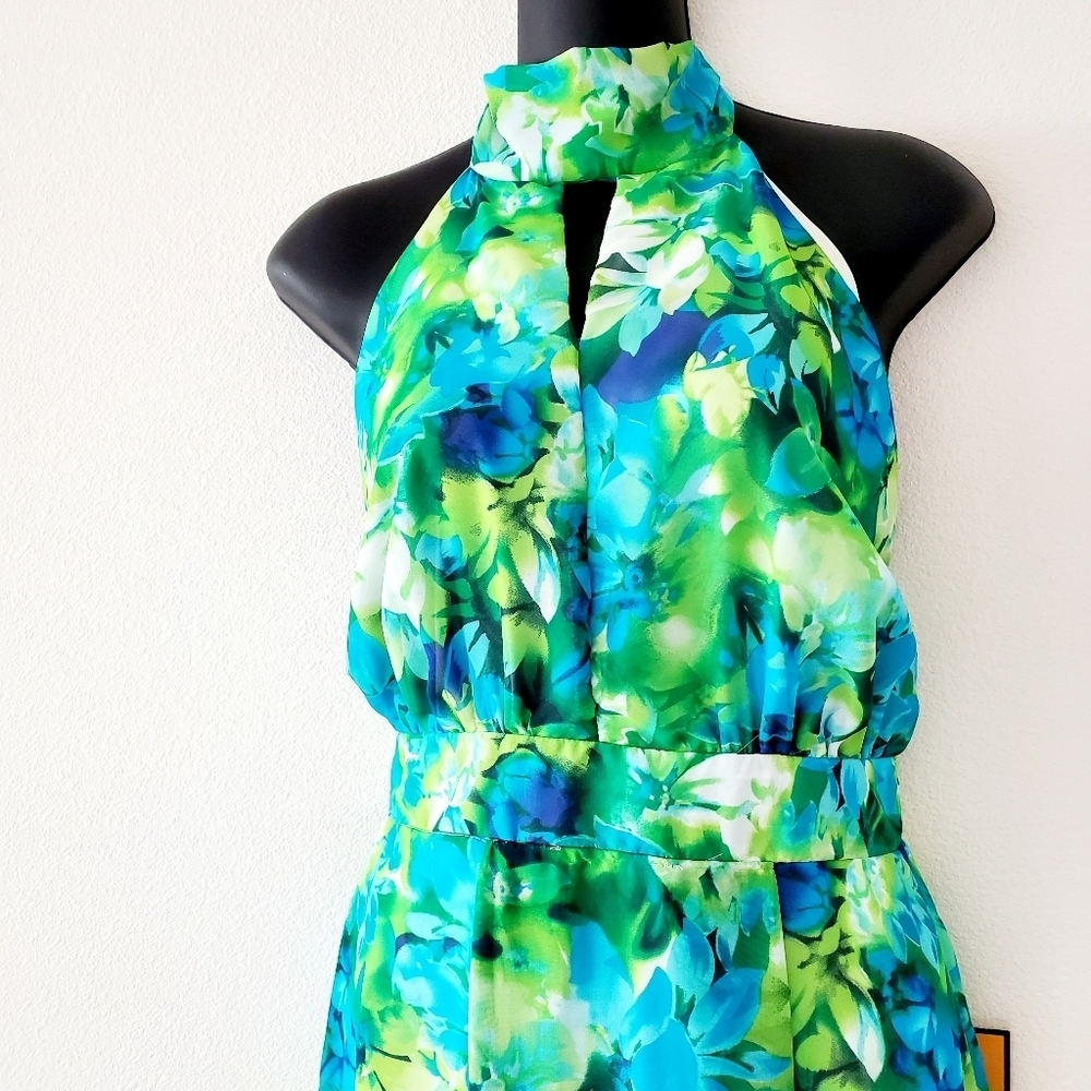 Women's Ella Samani Blue Floral Halter Neck Slim Maxi Dress Size M - Picture 2 of 6
